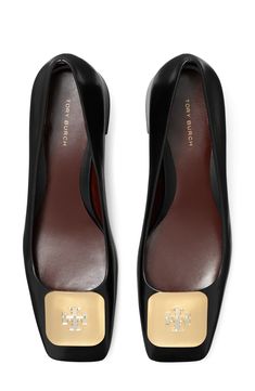 Polished logo hardware highlights the square toe of a smooth leather pump set on a low block heel. 1 1/2" heel (size 8.5) Leather upper, lining and sole Imported Squared Toe Shoes, Mom Aesthetic, Ladies Footwear, Square Toe Shoes, Square Toe Heels, Elegant Shoes, Low Block Heels, Louboutin Shoes, Tory Burch Shoes