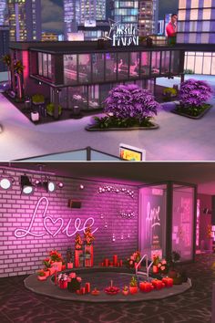 two images show the inside of a building with flowers and candles in front of it