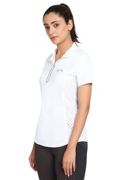 Add some flower power to your riding wardrobe with the Malta Sport Shirt by Equine Couture. Adorable floral cut outs on the sides and shoulders provide air flow and a cute detail! A front zipper outlined in a silver tape border adds visibility and an eye catching feature. Stretchy fabric allows for complete freedom of movement and comfort in the saddle. Princess seams create a flattering shape for any body type! Pair with the Malta breeches for an adorable schooling summer outfit! Classic Fitted Full-length Breeches, Classic Full-length Fitted Breeches, Silver Tape, Horse Riding Shirt, Morning Jog, Horse Riding Shirts Long Sleeve, Top Shirt Women, Casual Short-sleeved T-shirt With Horse Design, Riding Outfit