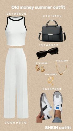 Channel timeless elegance with this chic 'Old Money' summer outfit from Shein. Perfect for those warm days when you want to look both casual and sophisticated. Featuring a minimalist white crop top (26708600) paired with high-waisted trousers (30099876), sleek black accessories like a structured handbag (32315192), retro sunglasses (13248937), and gold jewelry (27718396, 40623482, 14957501). Finish the look with trendy white sneakers (36987593). Shop the look now for effortless summer style! #OldMoneyAesthetic #SheinStyle #SummerOutfitInspo Old Money Outfits With Sneakers, Old Monday Outfit, Old Money Crop Top, Shein Old Money Outfit Ideas, Shein Outfit Inspired, Old Money Shein Outfits, Classy Crop Top Outfits, Shein Old Money Outfit