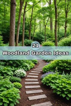 a wooden garden path surrounded by green trees and bushes with the words 21 woodland garden ideas