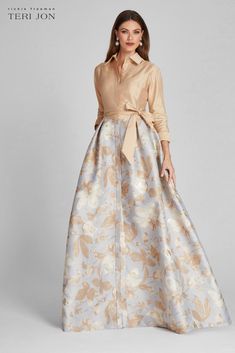 Taffeta Shirt Gown With Jacquard Floral Skirt – Terijon.com Shirt Gown, Elegant Shirt Dress, Organza Gowns, Teri Jon, Organza Skirt, Jacquard Shirt, Mother Of Groom Dresses, Evening Party Gowns, Mob Dresses