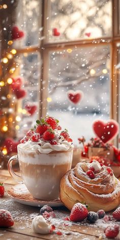 a cup of hot chocolate with whipped cream and strawberries next to it on a wooden table