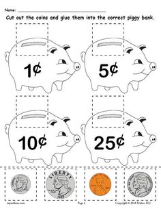 cut out the coin and glue them into the correct piggy bank numbers 1 - 10