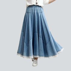 Introducing the 2023 Spring-Summer Collection's lace hem embroidered denim skirt ââ‚?the perfect embodiment of street vibe and fierce femininity!Why You'll Love ItThis skirt is sure to take your look to the next level! Its fit type and flare silhouette and high-waisted waist band offer a flattering fit and the lace hem adds a unique touch of sophistication that will make you stand out from the crowd. The intricate embroidery is a great way to show off your trend while the rubber closure ensures Denim Skirt Jeans For Spring, Non-stretch High Waist Denim Skirt For Spring, Lace Patchwork Skirt For Spring, Spring Flowy Skirt With Lace Patchwork, Fitted Lace Patchwork Bottoms For Spring, Spring Flowy Lace Patchwork Skirt, Bohemian Style Cotton Summer Jeans, Bohemian Cotton Jeans For Summer, Summer Stretch Denim Skirt