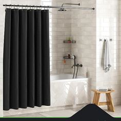 a black shower curtain in a bathroom with white tile walls and flooring, along with a wooden stool