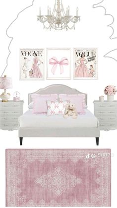 a bedroom with pink and white decor, chandelier, rugs and pictures on the wall