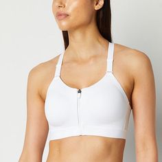 Give yourself extra support during a workout with this Xersion Train women's sports bra. This high-support sports bra is made from a smooth stretch-jersey fabric with a zip-front closure, wide, adjustable straps, and a racerback design featuring a keyhole cut-out. Pair it with your favorite pair of training leggings. Bra Type: SportsFeatures: Adjustable Straps, Padded, Zip Front, Stretch FabricClosure Type: Hook & EyeSupport: High SupportFiber Content: 83% Polyester, 17% SpandexFabric Description: KnitLining Material: Nylon, SpandexCare: Machine Wash, Tumble DryMaterial: PolyesterCountry of Origin: Imported Padded Stretch Sportswear Activewear, Nylon Activewear With Zipper Closure For Gym, Nylon Activewear With Zipper For Gym, White Nylon Activewear For Sports Events, Sporty Stretch Activewear With Zipper Closure, Sporty Stretch Activewear With Zipper, Gym Activewear With Zipper Closure, Padded Stretch Athleisure Activewear, Padded Racerback Activewear For Workout