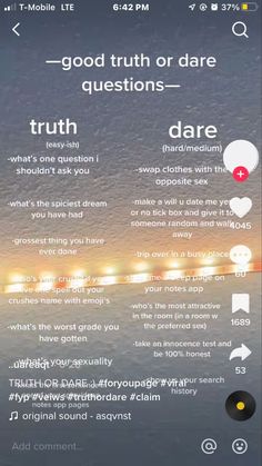 an iphone screen with the text, truth or dare questions and other information on it