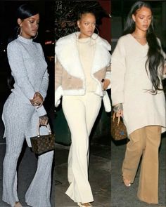 two women in white outfits and one is carrying a handbag, both wearing high waist pants