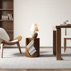 a chair and table in a room with bookshelves