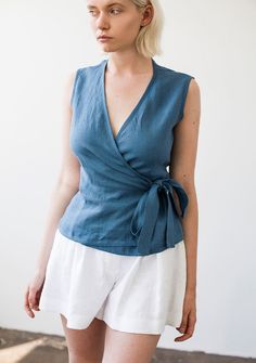 Sleeveless linen wrap top Lydia 1 Linen Wrap Top, Sleeveless Wrap Top, Linen Tops, Linen Top Women, Linen Tank Top, Linen Tank, Linen Color, Wrap Blouse, Linen Shorts