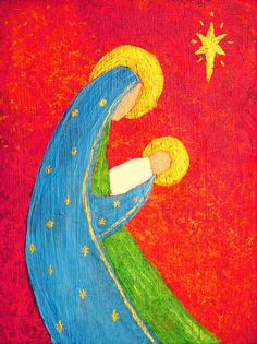 a painting of a woman holding a baby in her arms with a star above it