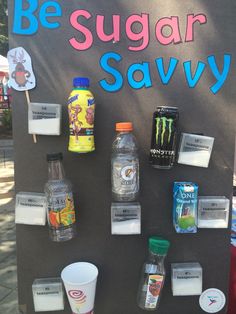 a sign that says, be sugar savvy with many different types of drinks on it