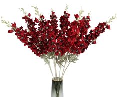 a vase filled with red flowers on top of a table