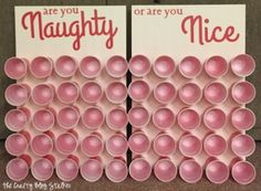 two pink cups are stacked on top of each other with the words, are you maughy or are you nice?