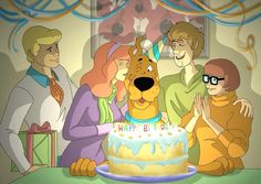 cartoon characters standing around a birthday cake with a dog on it