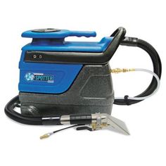 a blue and black vacuum is shown with hoses on it's side,