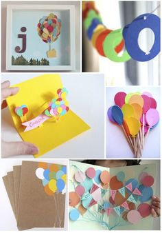 collage of different pictures with balloons and cards