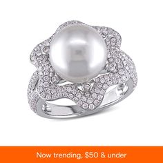 in stock Fine Jewelry White Gold Pearl Ring With Prong Setting, Diamond White Pearl Ring With Diamond Accents, White Gold Pearl Ring With Prong Setting, Formal White Jewelry With Pave Setting, Fine Jewelry Diamond White Pearl Ring With Prong Setting, Formal White Pearl Ring With Center Stone, Diamond White Pearl Ring With Prong Setting, Platinum Pearl Ring In Diamond White, Macy's Diamond White Ring With Diamond Accents