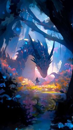 a dragon is standing in the middle of a forest