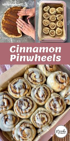 cinnamon pinwheels in a baking pan with the title above it