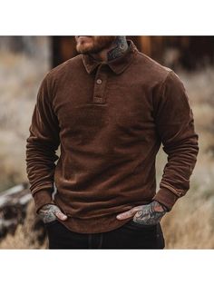 Men Hoodies, Men's Vintage Corduroy Polo Collar Long Sleeve Sweatshirt Casual Brown Cotton Polo Sweater, Casual Winter Tops With Corduroy Collar, Casual Tops With Corduroy Collar For Winter, Casual Winter Top With Corduroy Collar, Casual Brown Long Sleeve Polo Sweater, Brown Cotton Polo Sweater For Winter, Winter Brown Cotton Polo Sweater, Brown Winter Top With Corduroy Collar, Brown Long Sleeve Cotton Polo Sweater