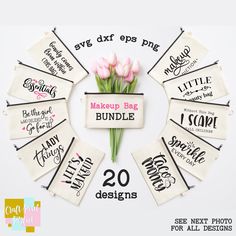 a bunch of tags with flowers on them and some words in the middle that say, make up bag bundle