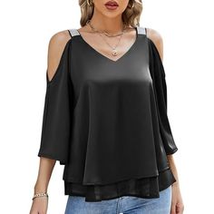 Jasambac Women's Silk Satin Cold Shoulder Tops Double Layered Hem 3/4 Sleeve Casual Dressy Blouse Exterior: 95% Polister + 5% Elastano, Forro: 98% Polister + 2% Viscosa Importado Cierre De Tirar. Lavar A Mano Nicamente Material: Exterior: 95% Polister + 5% Acetato, Forro: 98% Polister + 2% Viscosa. La Tela De Acetato De Alta Calidad Se Siente Suave, Brillante, Con Una Cada Fuerte, Antiarrugas, Transpirable, Sin Electricidad Esttica Ni Bolitas. Esta Elegante Blusa De Mujer Tiene Un Aspecto De Sed Black Summer Blouse With 3/4 Sleeves, Black 3/4 Sleeve Summer Blouse, Chic Black 3/4 Sleeve Tops, Black 3/4 Sleeve Party Top, Spring 3/4 Sleeve Top For Night Out, Spring Tops For Night Out With 3/4 Sleeves, Gray Cheetah Print, Cold Shoulder Tops, Striped Tops Women