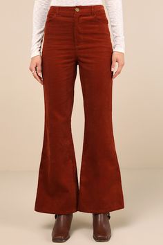 It is assured that every fall look you create with the Lulus Guaranteed Trend Rust Corduroy High-Rise Wide-Leg Pants will be compliment-worthy! These retro-inspired pants have a sturdy corduroy composition that shapes a high-rise waist with belt loops, a four-pocket cut, and a top button closure above a hidden zip fly. The chic, wide pant legs fall to flaring, full-length hems. Fit: This garment fits true to size. Length: Floor length. Size medium Inseam: 31.00 Front Rise: 12.25 Waist: Fitted - High Waist Retro Corduroy Bottoms, Retro Wide Leg Corduroy Bottoms, Fitted Wide Leg Corduroy Pants, Brown Corduroy Flare Pants, Red High-waist Corduroy Bottoms, Flare Leg Pants, High Rise Pants, Wide Pants, Glam Rock