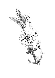 an anchor with a feather and some writing on it