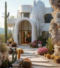 the entrance to a house with cactus and cacti