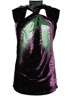 green/purple velvet twist detailing semi-sheer panels halterneck concealed side zip fastening rear press-stud fastening sleeveless open back straight hem thigh-length Masha Popova, Purple Velvet Dress, Velvet Mini Dress, Made In Ukraine, Versace Outfit, Yoko London, Mini Velvet Dress, Purple Velvet, Ballet Flat Shoes