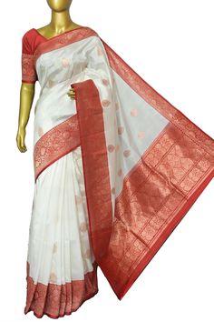 An extravagant collection with fine and definitive zari weaving on the border and the pallu with paisley buti work on the body and kadhua work on the border and pallu makes this saree one of the magnetic works in regal white and red color. Color: A shade of white and red color Technique: Amazing work of traditional weaving of zari on the whole saree Fabric: Katan Silk Quality: Indyvogue's Assurance of Pure Silk Mark Certified Saree Red And White Silk Saree, White Red Benarasi Saree, Red White Handloom Saree, White Saree Red Border, Red Unstitched Katan Silk Saree, How To Wash Silk, Blouse Measurement, Katan Silk, Saree Fabric