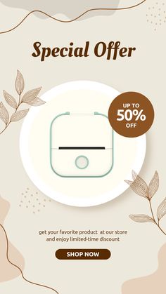 a flyer for a special offer with an image of a white plate and leaves on it