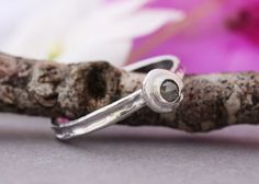 a close up view of a ring on a branch with flowers in the back ground