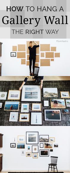 a woman standing on top of a table covered in pictures and framed photos with the words how to hang a gallery wall the right way