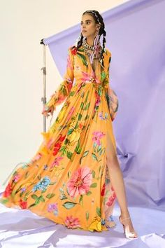 Shop for Limerick by Abirr N' Nanki Orange Crepe Floral Print Wrap Dress for Women Online at Aza Fashions Printed Maxi Dress Indian, Burnt Orange Dress, Mini Dress Fashion, Embroidered Maxi Dress, Dress Orange, Printed Wrap Dresses, Indian Fashion Designers, Orange Dress, Floral Motifs