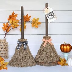 two burlocks with bows are sitting on a table next to pumpkins and other decorations