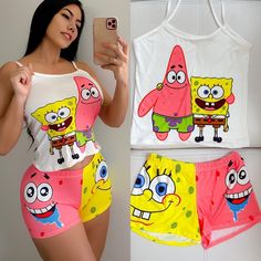 Fashion Sexy Camisole Anime Pattern Suit Cartoon Spaghetti, Pink Spongebob, Spongebob Clothes, Cute Pjs, Cute Pajama Sets, Cute Sleepwear, Cute Lazy Outfits, Lazy Outfits, Cute Pajamas