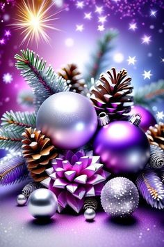 christmas balls and pine cones on a purple background with snowflakes, stars and sparkles