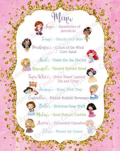 a pink and gold glittered menu with princesses on it, including the names of each