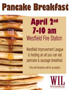 a poster advertising pancakes with syrup pouring out of the top, and an ad for pancake breakfast