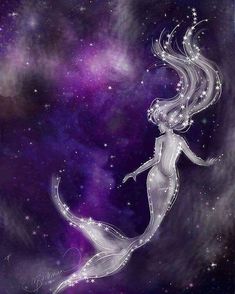 a drawing of a mermaid with stars in the background