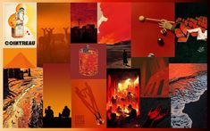 a collage of images with orange and red colors