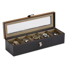 an open black leather watch box with six watches in it's compartments and the lid opened