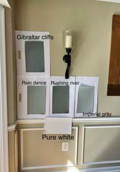 the different colors of paint are shown on the wall in this room with white trim