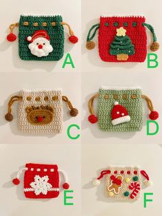 four crocheted bags with christmas decorations on them