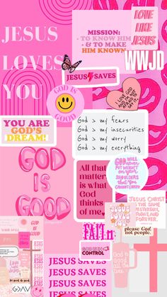 pink collage with words and symbols on it