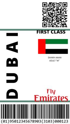 a boarding card with the word dubai on it and an image of a red, white and green stripe